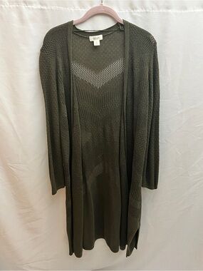 Style & Co Women’s Medium Olive Green Open Knit Long Cardigan Duster
